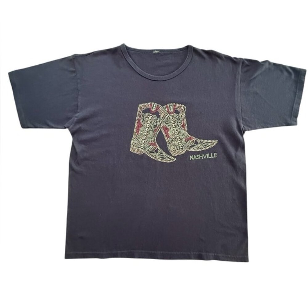 Vintage 90s Bedazzled Nashville Cowboy Boot Black T-shirt pink silver rhinestone